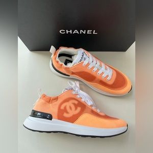 Chanel Denim Suede Calfskin Neon Orange CC Logo Trainers Sneakers